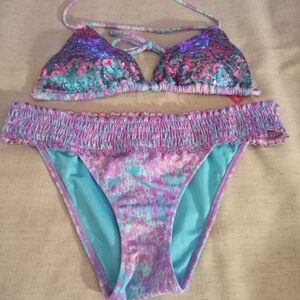 VTG. Victoria Secret Pink Y2K Sequin Bikini Set Size Small Multicolor Pre-Owned